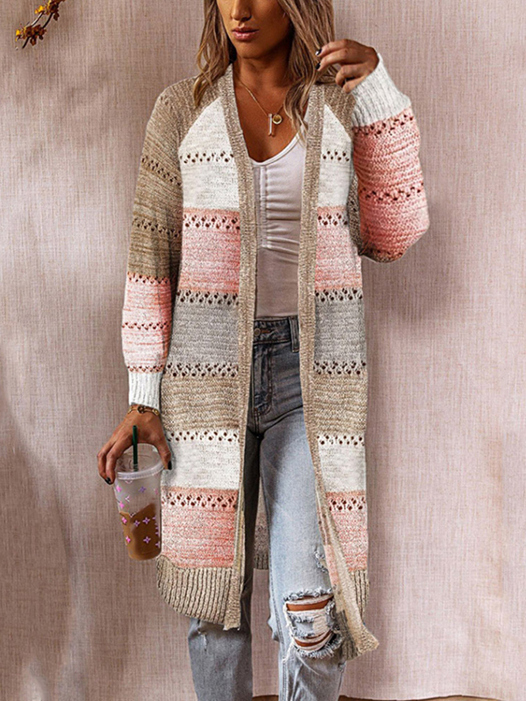 Vintage Contrast Cutout Sweater Cardigan-ABOXUN