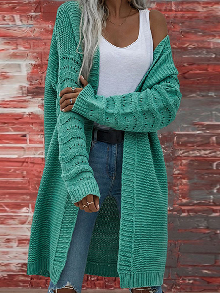 Solid Color Cutout Long Knitted Cardigan-ABOXUN