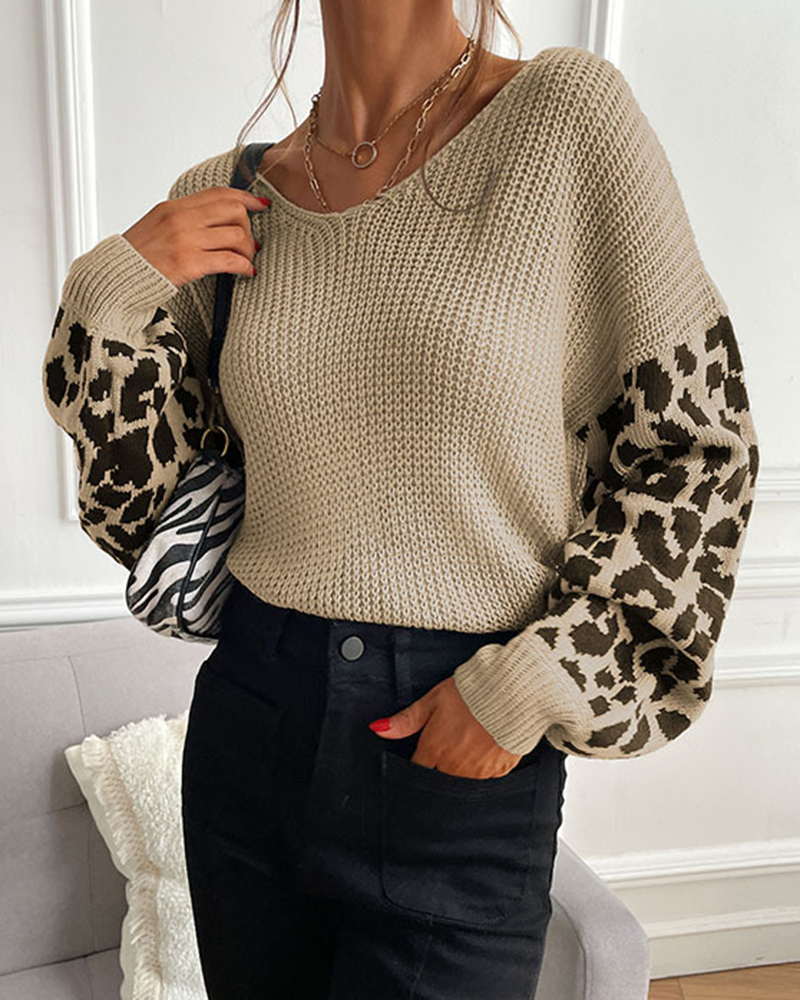 Loose Long-sleeved Leopard-print Knit Solid Color Sweater-ABOXUN