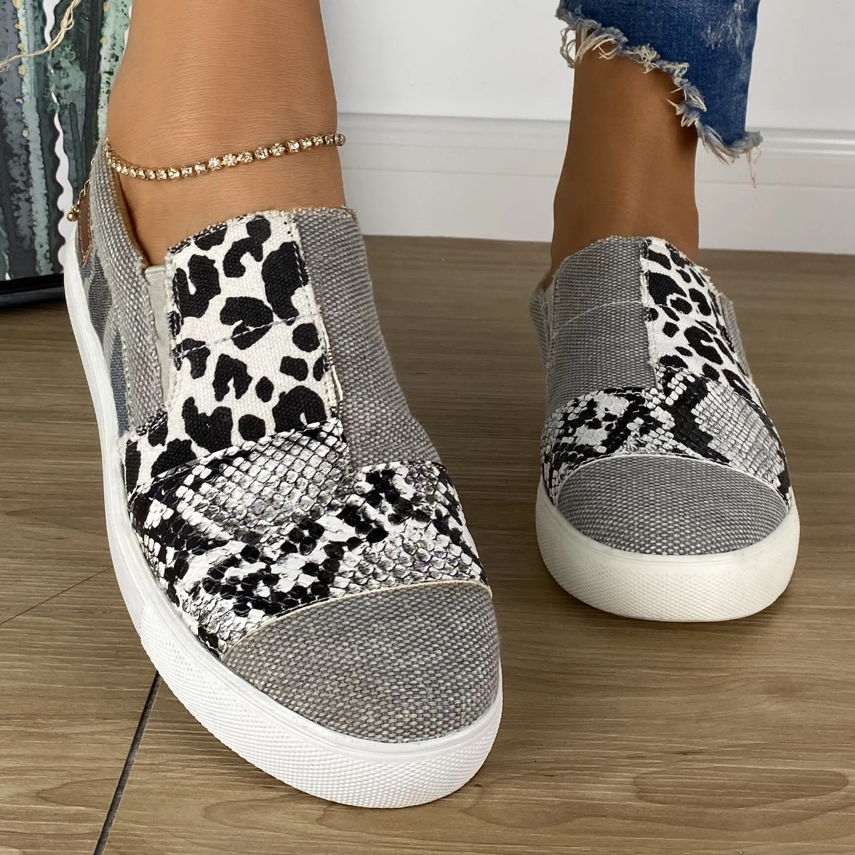 Women Gray Sneakers Casual Raw Edge Canvas Sneakers Slip-on Flat Sneakers-ABOXUN