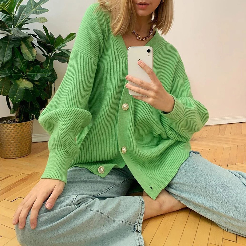 Casual Loose Solid Color Long Sleeve Pearl Button Cardigan-ABOXUN