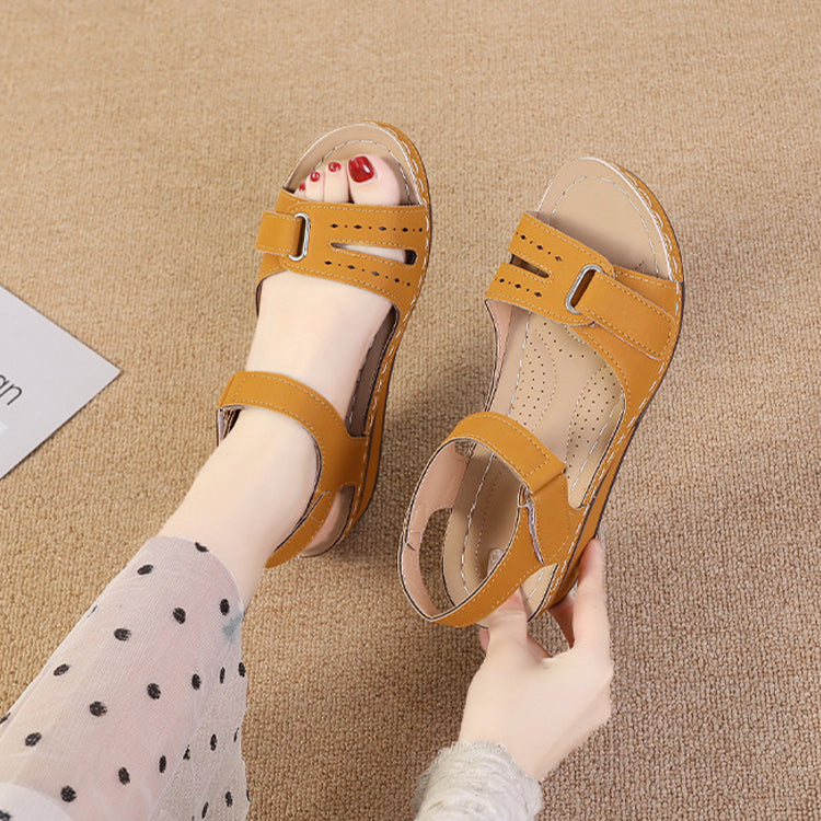 2022 New Casual Round Toe Velcro Mid Heel Women Wedge Sandals-ABOXUN