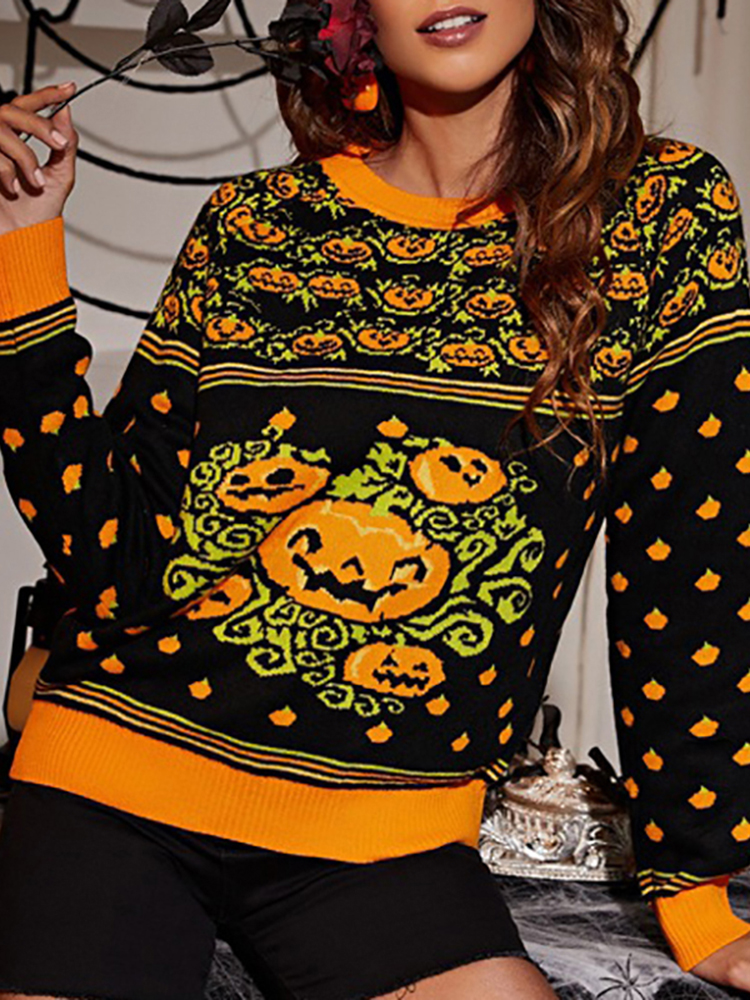 Crewneck Pumpkin Jacquard Halloween Sweater-ABOXUN