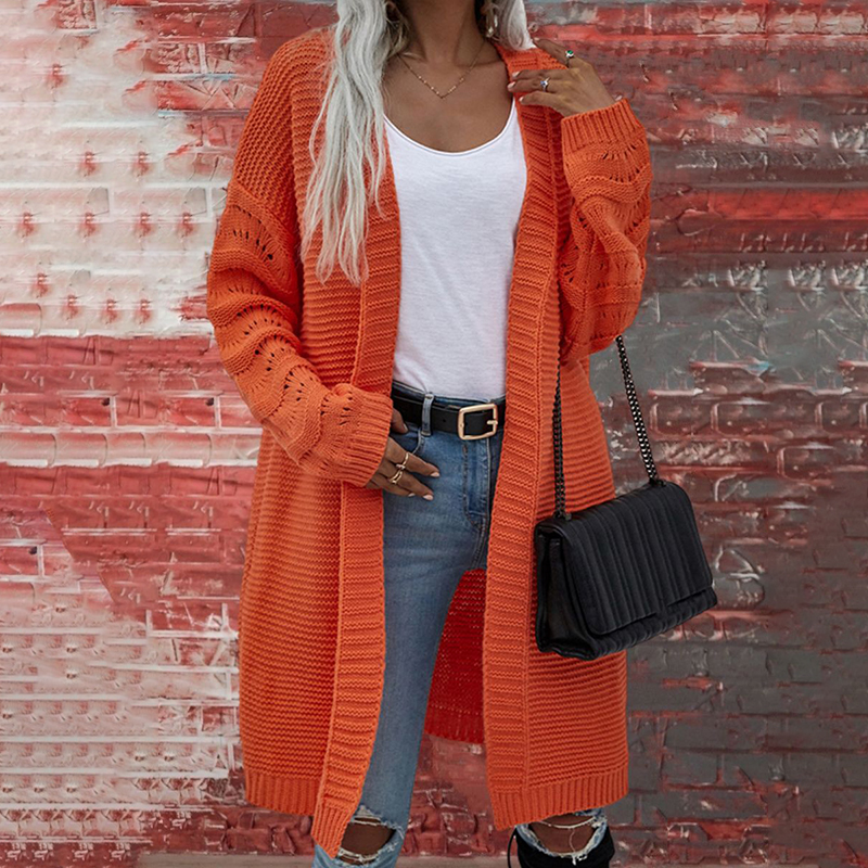 Solid Color Cutout Long Knitted Cardigan-ABOXUN