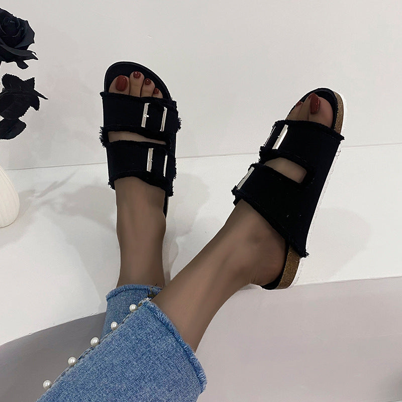 Ladies Denim Buckle Sandals-ABOXUN