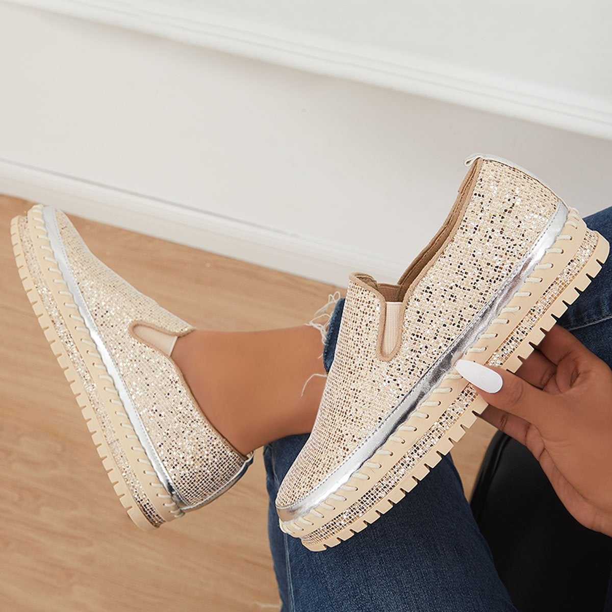 Women's Rhinestone Flatform Sneakers-ABOXUN