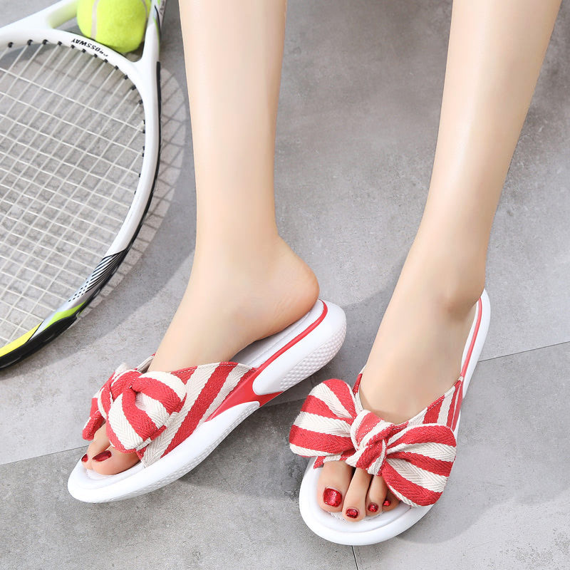 Women's Memory Foam Open Toe Slide Slippers With Cute Bowknot, Ladies' Slip On House Shoes Spa Slippers With Indoor Outdoor Anti-Skid Rubber Sole-ABOXUN