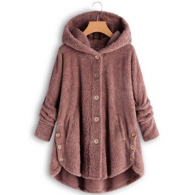 Women Warm Plus Size Button Plush Tops Ladies Hooded Cardigan Wool Coat Jacket-ABOXUN