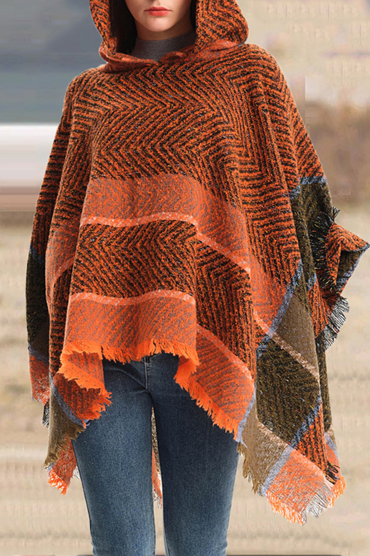 Vintage Herringbone Hooded Pullover Shawl-ABOXUN