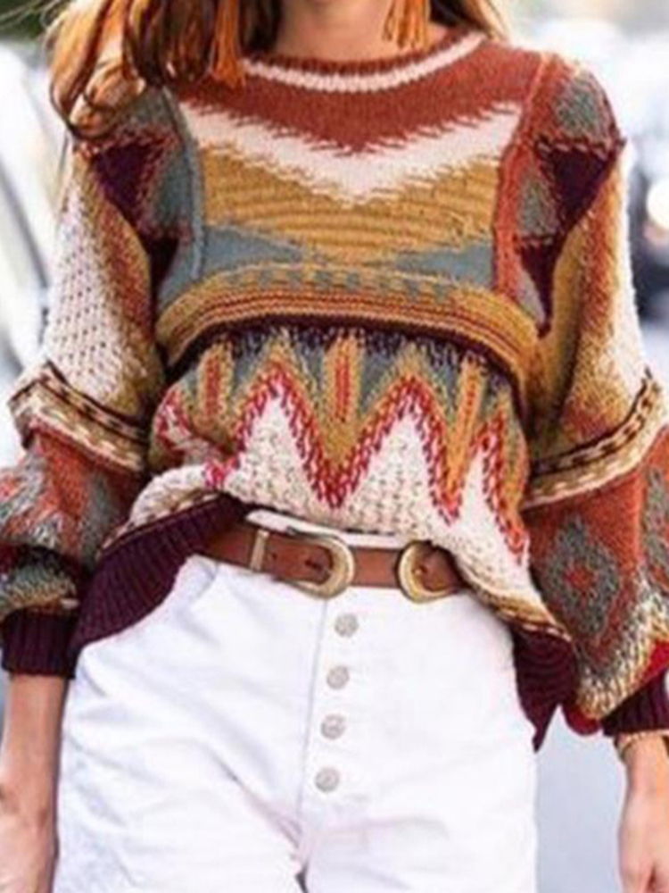 Vintage Geometric Long Sleeve Sweater-ABOXUN