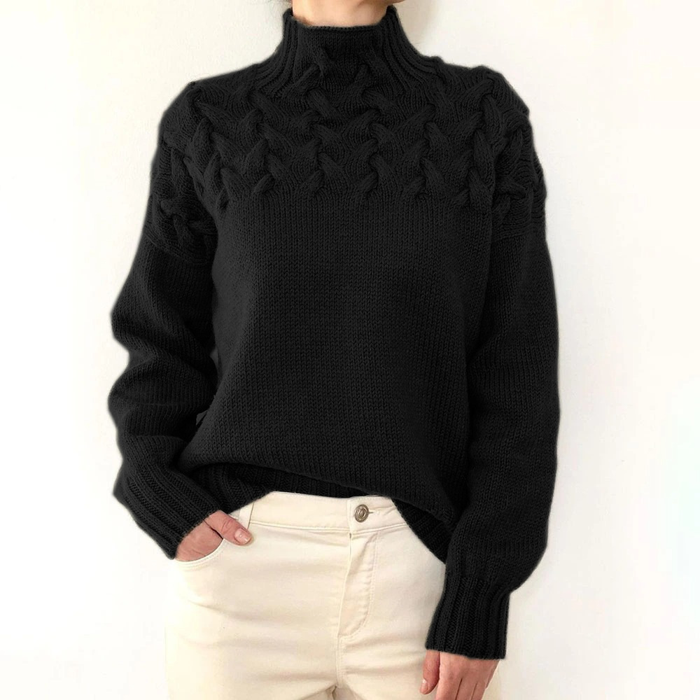 Vintage Woven Detail Turtleneck Long Sleeve Sweater-ABOXUN