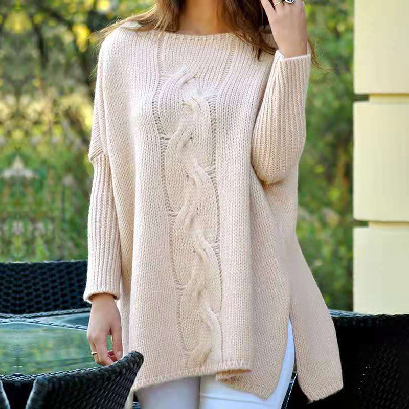 Crew Neck Loose Hem Slit Long Sleeve Knit Sweater-ABOXUN