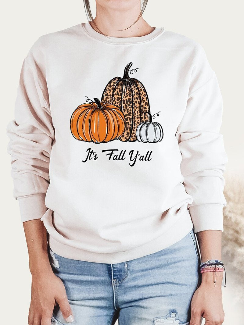 halloween Halloween fall yall leopard pumpkin print crew neck sweater women-ABOXUN