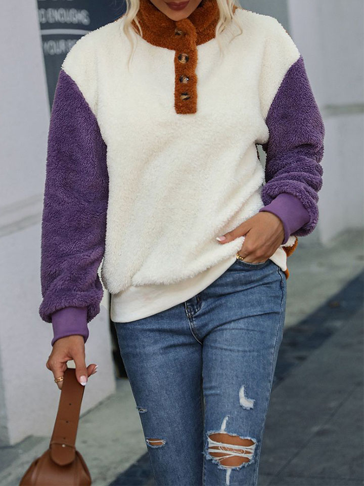 Autumn and winter loose color-block stitching long-sleeve plush sweater-ABOXUN