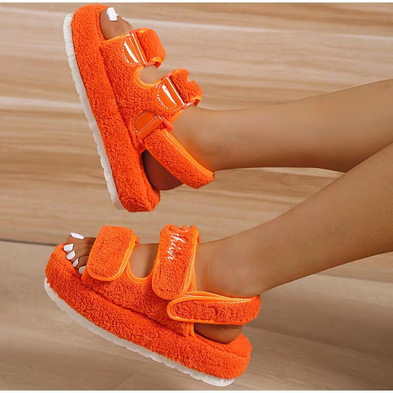 Round Toe Platform Velcro Fleece Thermal Cotton Sandals-ABOXUN
