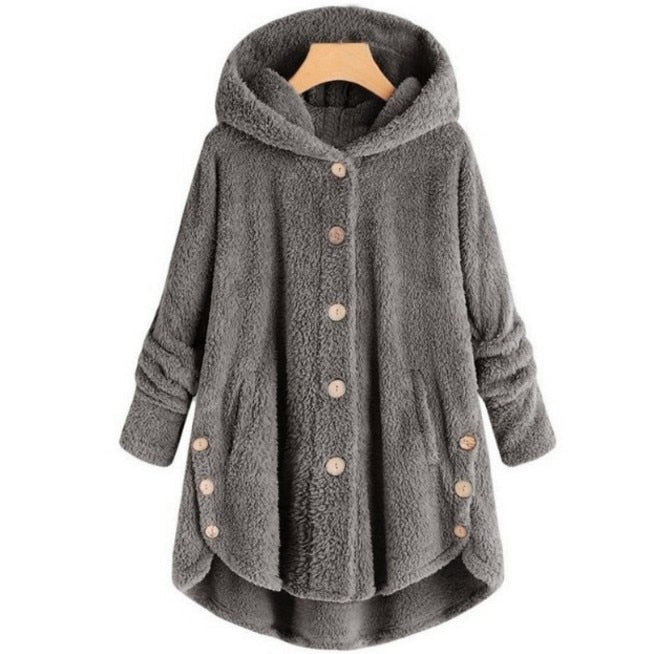 Women Warm Plus Size Button Plush Tops Ladies Hooded Cardigan Wool Coat Jacket-ABOXUN