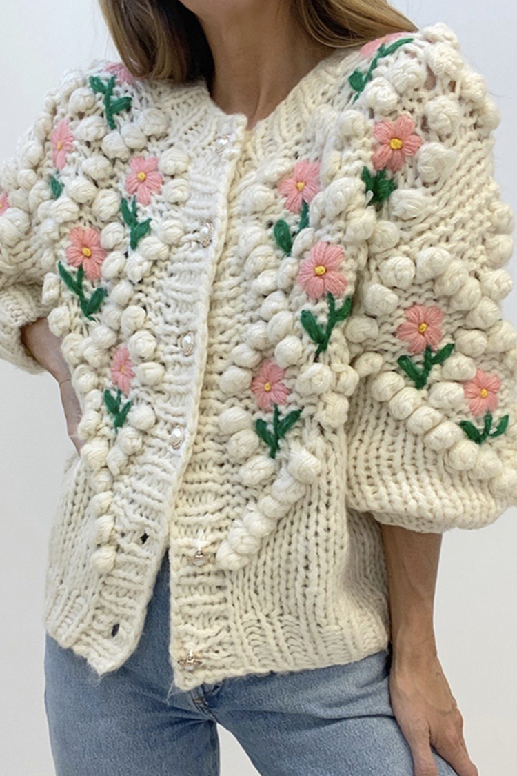 Chain Link Embroidered Floral Pearl Knit Cardigan-ABOXUN