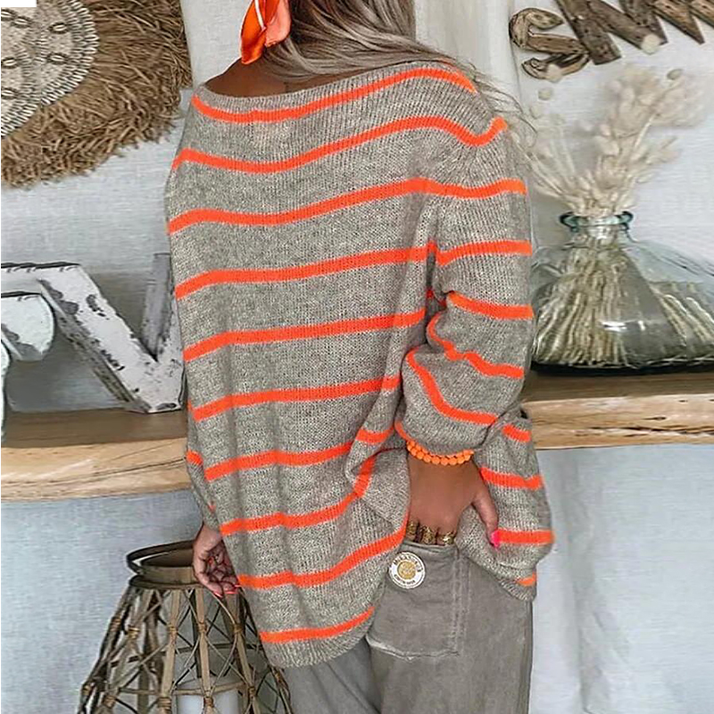 Contrast Stripe Pullover Crewneck Loose Sweater-ABOXUN