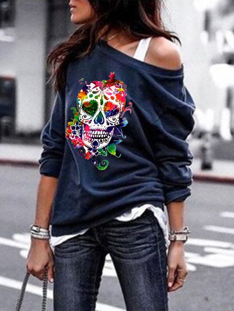 Round neck sweater women's skull print Halloween blouse-ABOXUN