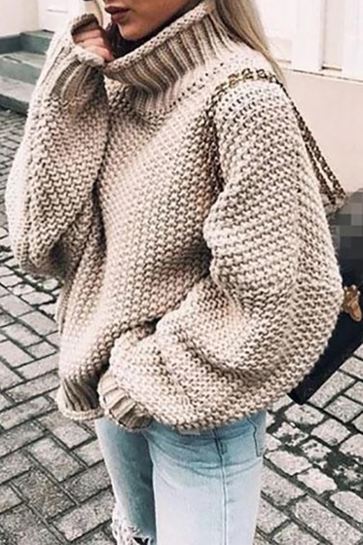 Chunky Half Turtleneck Doll Sleeve Loose Sweater-ABOXUN