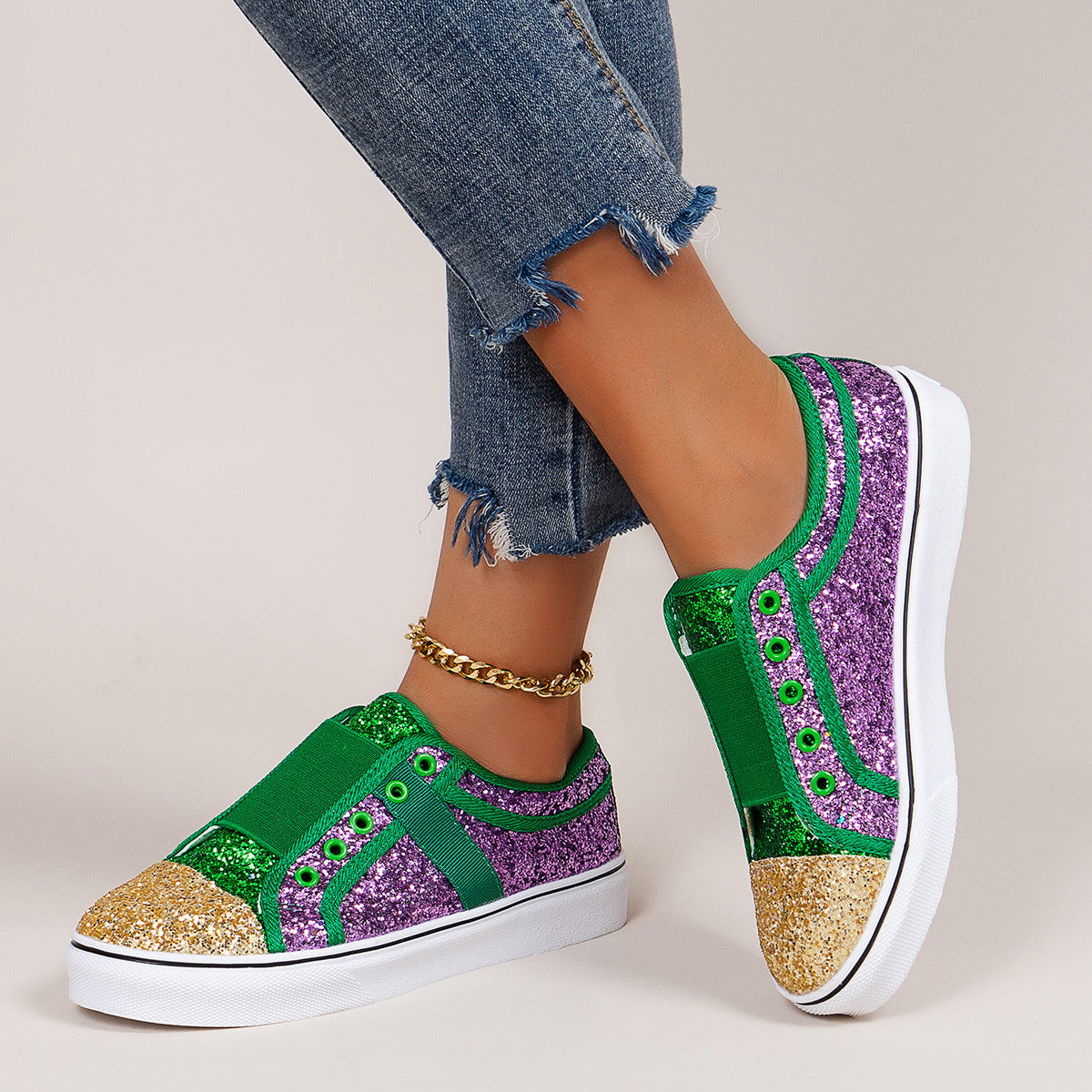 Fall 2022 Women's Casual Sequin Patchwork Slip-On Flats-ABOXUN