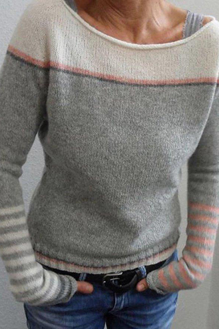 Casual Solid Patchwork Striped Contrast Sweater-ABOXUN