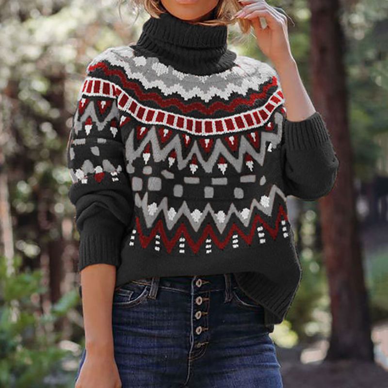 Vintage Striped Panel Contrast Turtleneck Sweater-ABOXUN