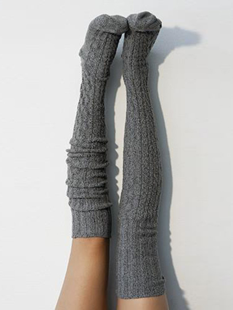 Solid Color Long Tube Knitted Over The Knee Socks-ABOXUN