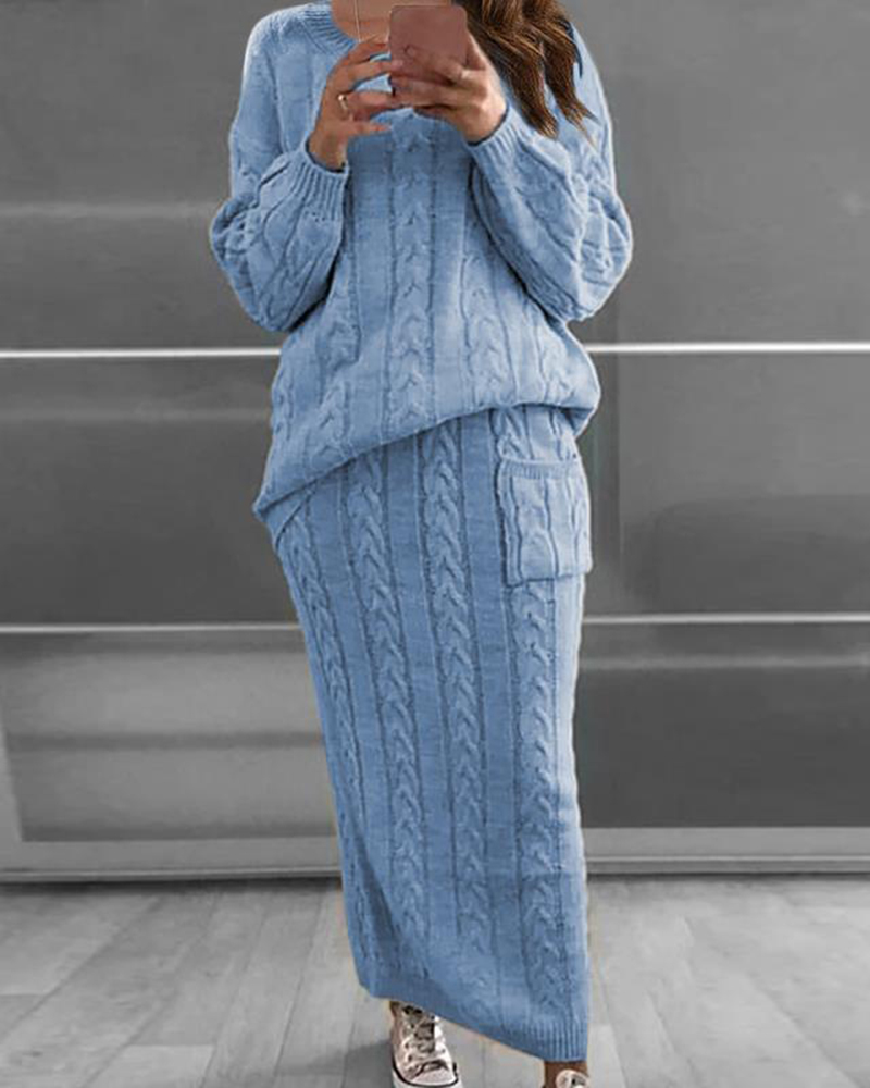 Retro Thick Stitch Casual Sweater Skirt Suit-ABOXUN