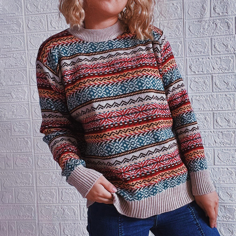Vintage Long Sleeve Totem Striped Sweater-ABOXUN