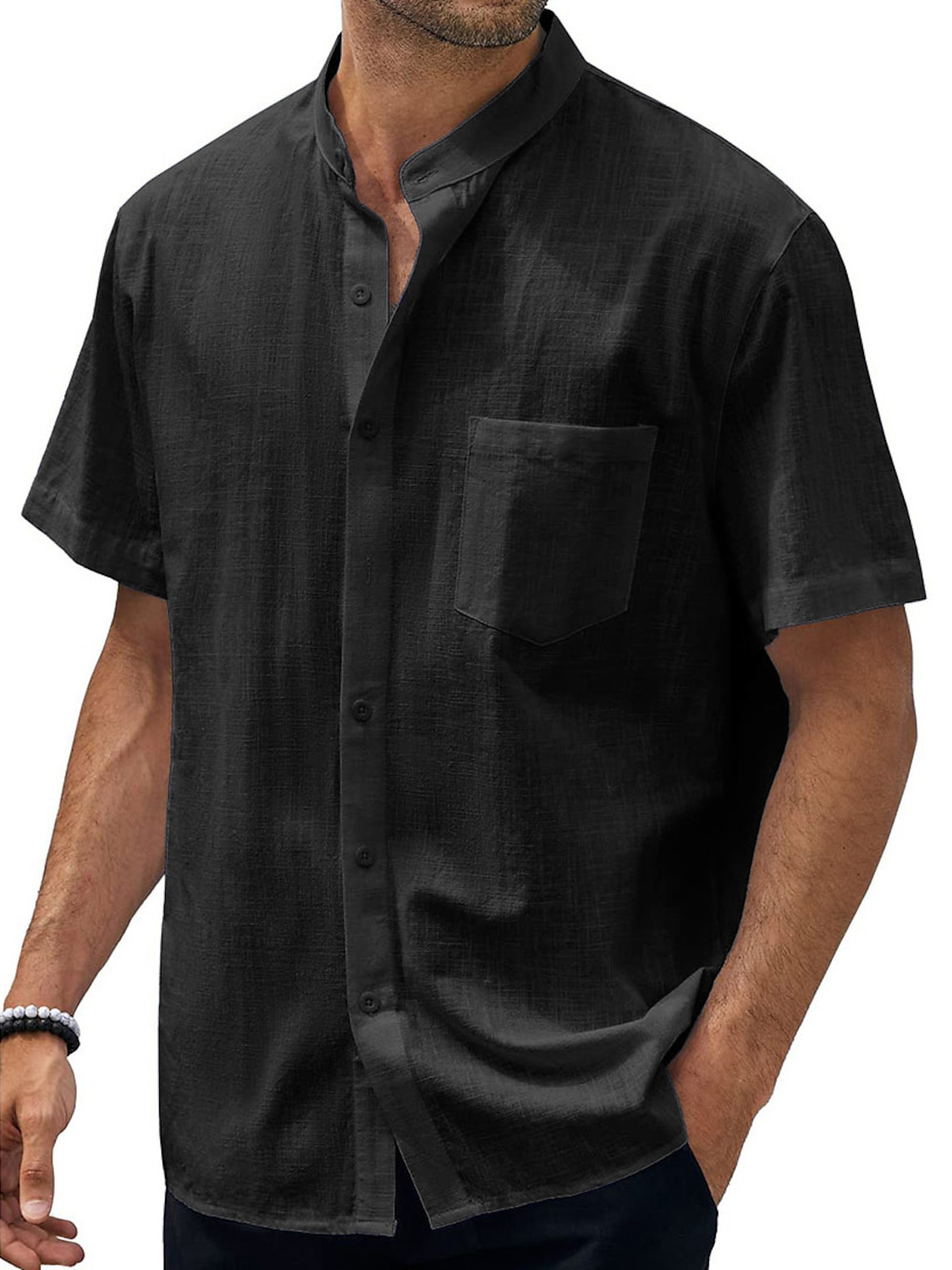 Men's Hawaiian Casual Beach Stand Collar Pocket Short Sleeves Shirt