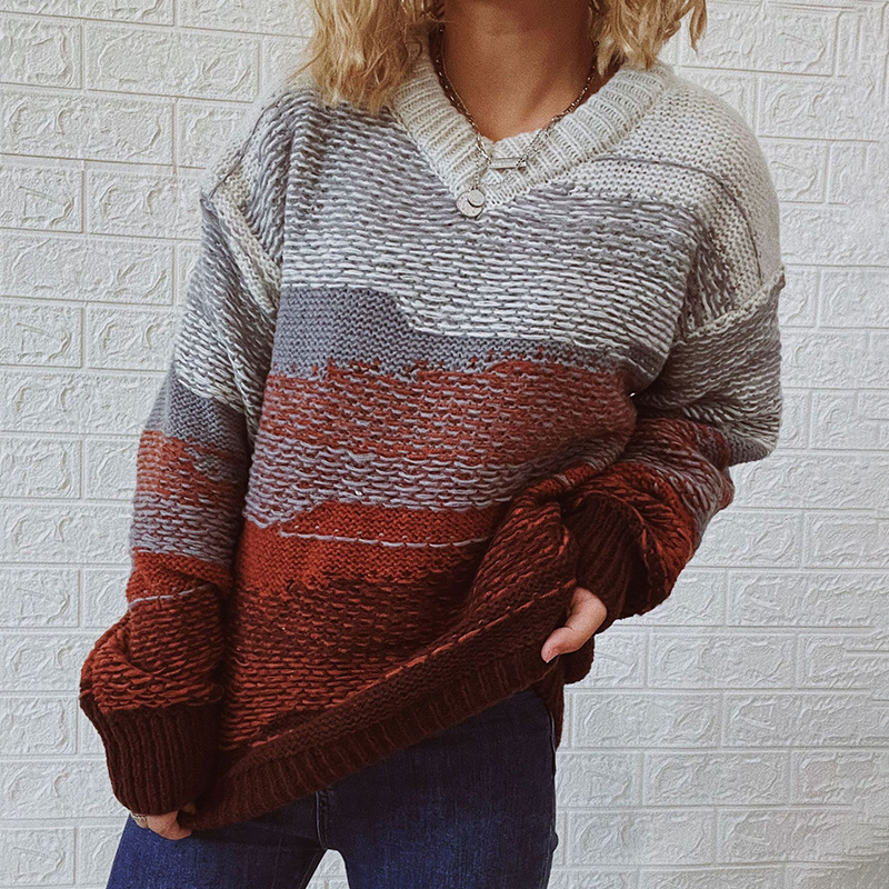Vintage Long Sleeve Crew Neck Contrast Sweater-ABOXUN