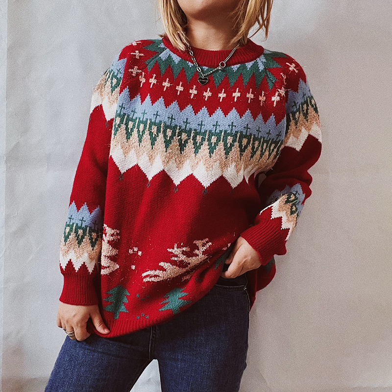 Vintage Christmas Totem Long Sleeve Sweater-ABOXUN