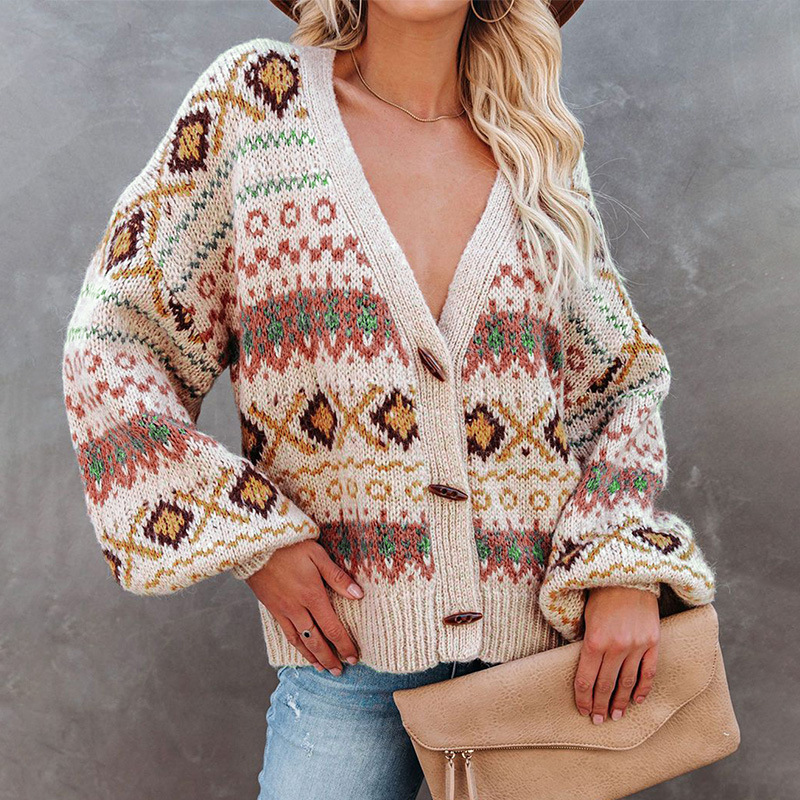 Vintage Contrast Print Sweater Cardigan-ABOXUN