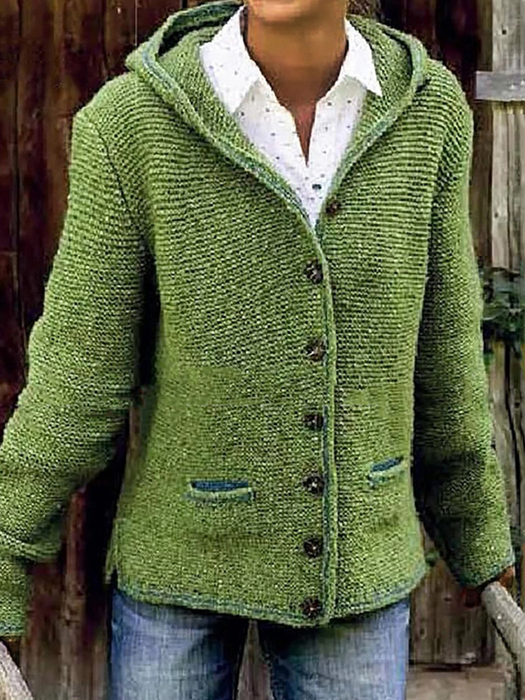 Vintage Double Pocket Hooded Solid Sweater Cardigan-ABOXUN