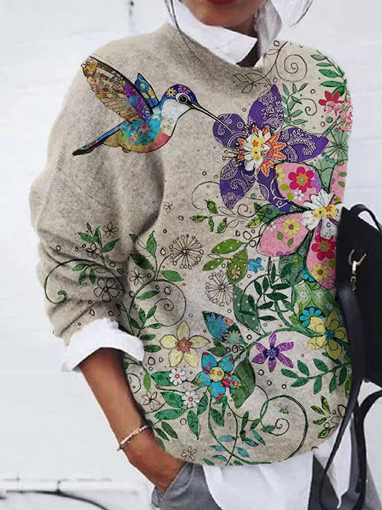 Stylish Flower Bird Contrast Print Loose Top-ABOXUN