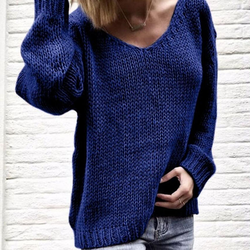 Solid Color V Neck Loose Casual Sweater-ABOXUN