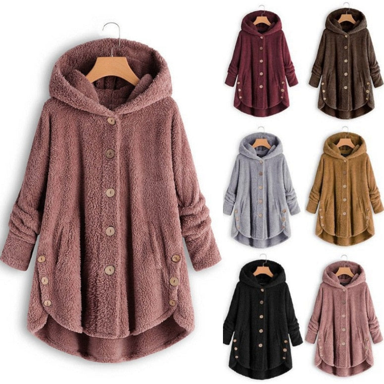 Women Warm Plus Size Button Plush Tops Ladies Hooded Cardigan Wool Coat Jacket-ABOXUN