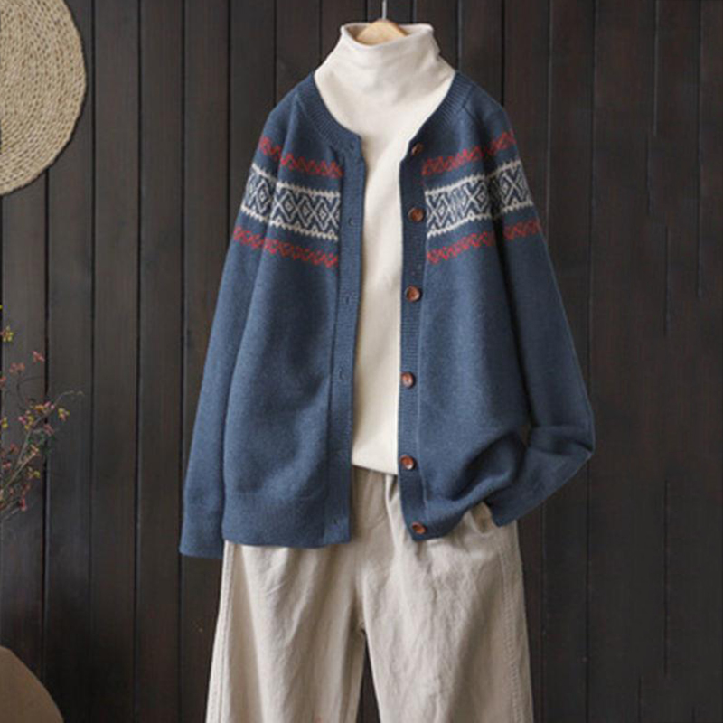 Vintage Loose Jacquard Versatile Sweater Cardigan-ABOXUN