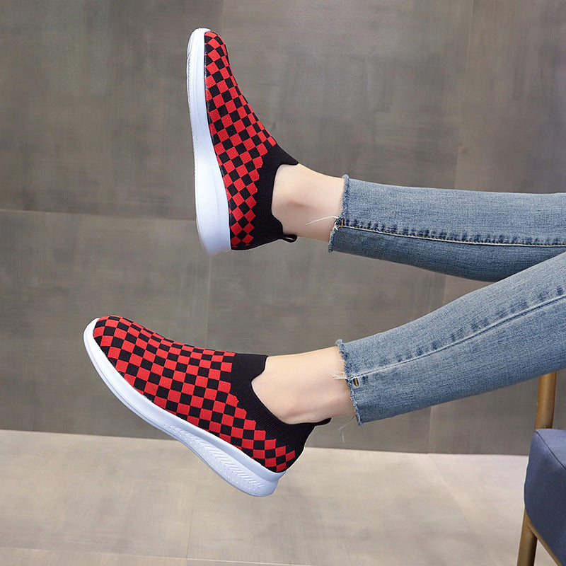 Ladies plaid low top knitted shoes-ABOXUN