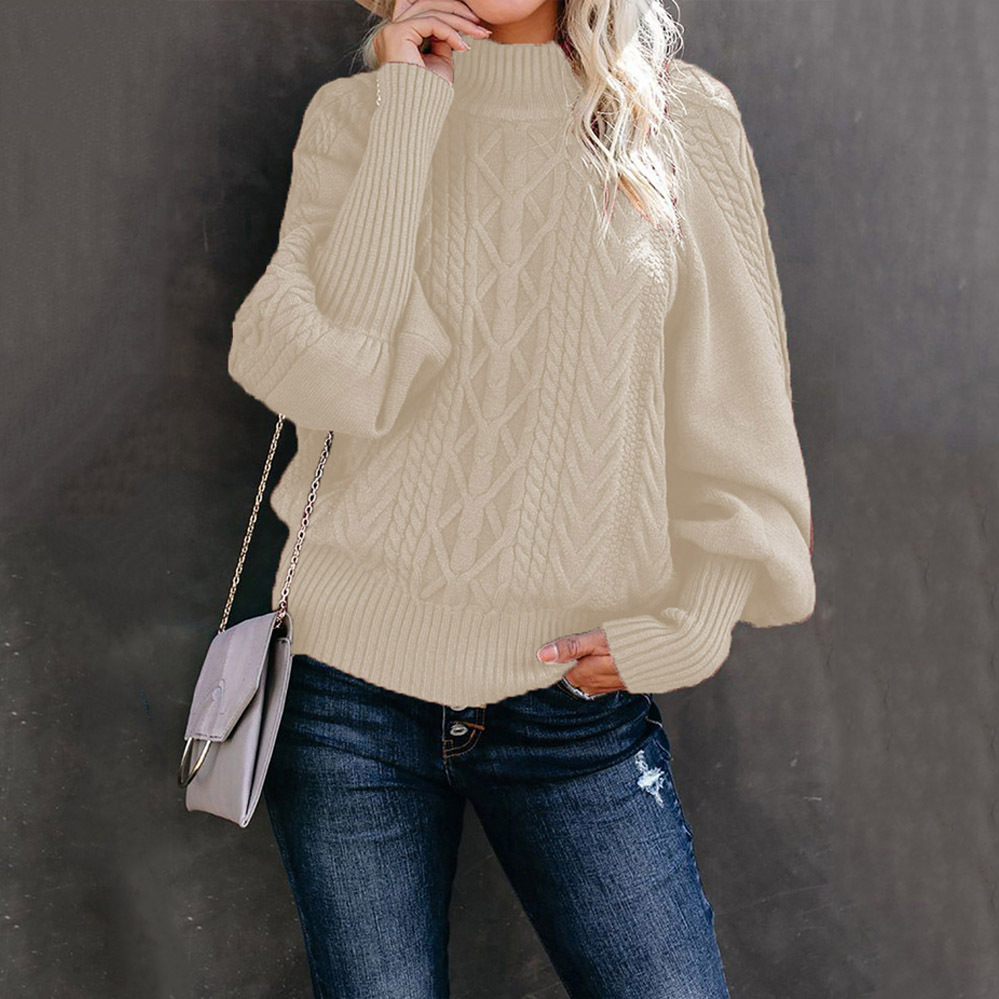 Loose Solid Color Lantern Sleeve Sweater-ABOXUN