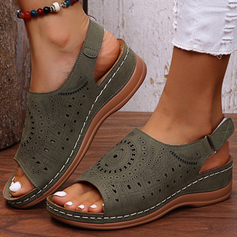 Grishay Ethnic Pattern Punched Hollow Velcro Vintage Sandals-ABOXUN