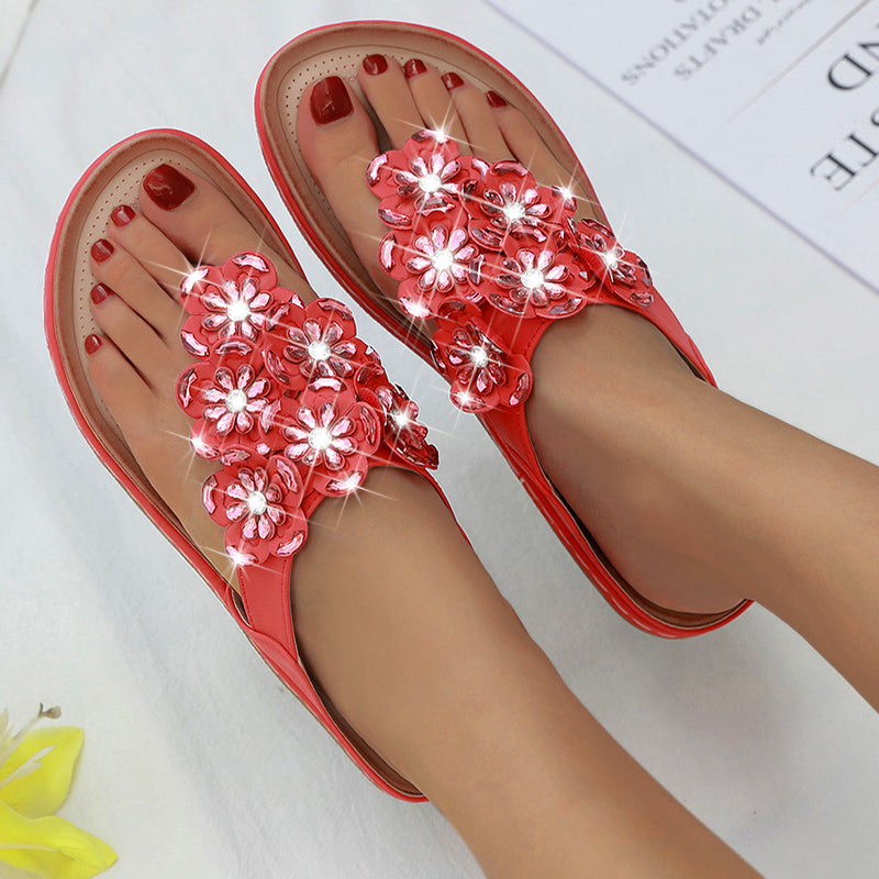 Bohemian Rhinestones Flower Beach Flip Flops Large Size Comfortable Sandals-ABOXUN