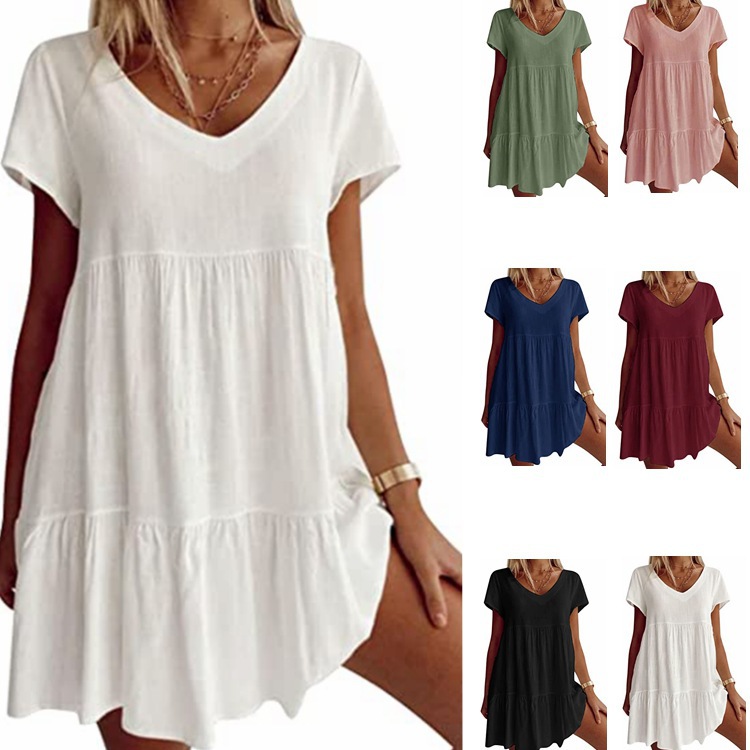 🎁Last Day Sale 70% Plus Size Cotton-Blend V Neck Casual Short Sleeve Weaving Dress
