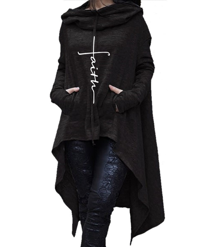 Solid Color Ladies Sweater Irregular Long Cloak with Hood Believe In God-ABOXUN
