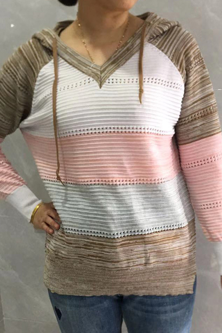 Vintage V-Neck Contrast Hooded Sweater-ABOXUN