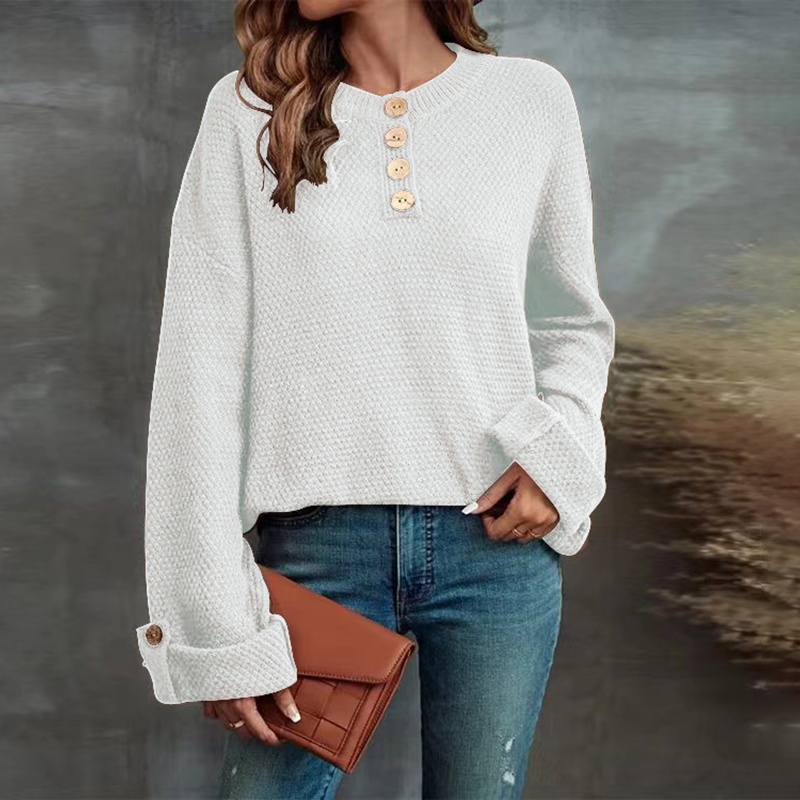 Vintage Solid Pullover Button Loose V-Neck Sweater-ABOXUN