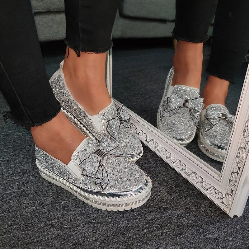 Shining Rhinestone Slip-on Thick Botton Casual Ladies Crystal Shoes-ABOXUN