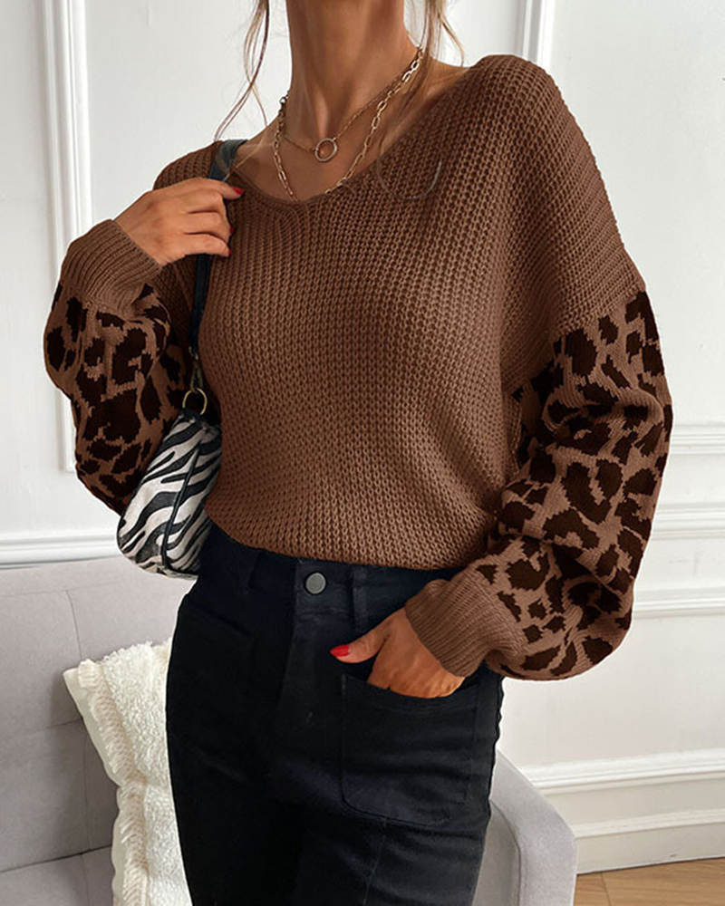 Loose Long-sleeved Leopard-print Knit Solid Color Sweater-ABOXUN