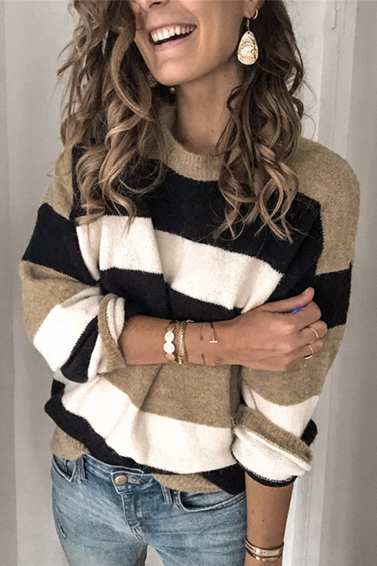 Vintage Contrast Striped Knit Pullover Loose Sweater-ABOXUN